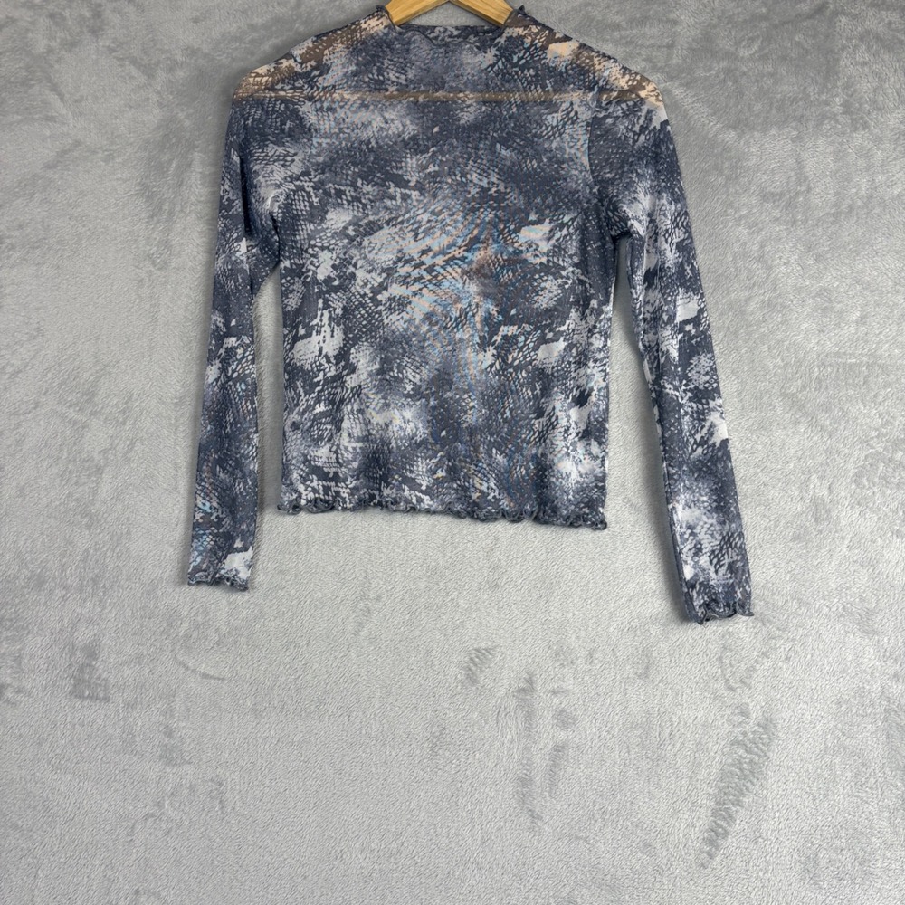Womens Grey Snakeskin Sheer Mesh Long Sleeve Lettuce Edge Top Crew Neck Slim Fit
